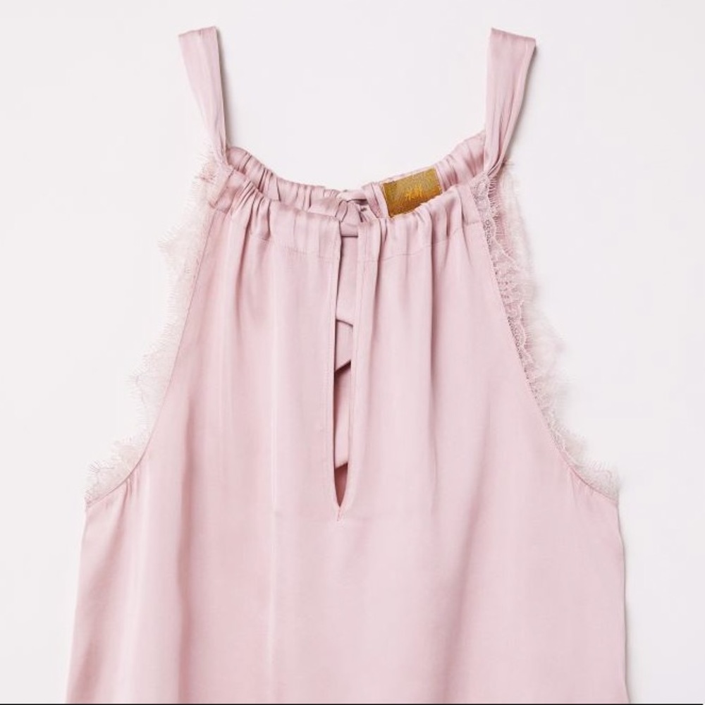 H&M Pink Halter Neck Lace Trim Satin Top, NWT, Size XS
